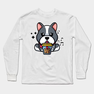 Cute bulldog drinking boba milk tea cartoon Long Sleeve T-Shirt